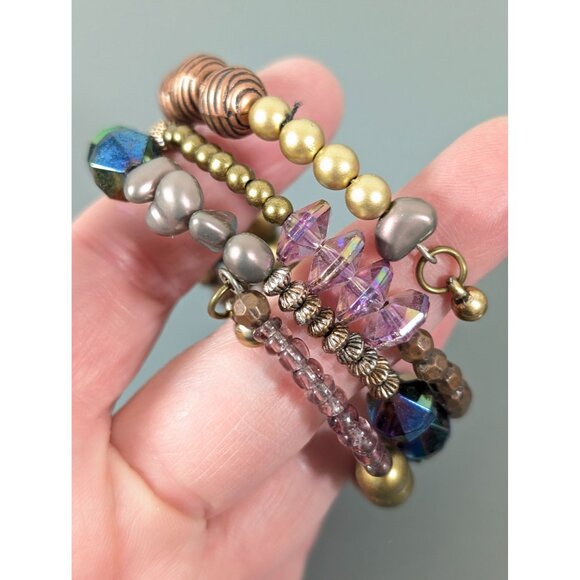Pink Gold Tone Mystic Fire Bead Coil Flex Wire Wrap Bracelet Boho 7" - Picture 5 of 6